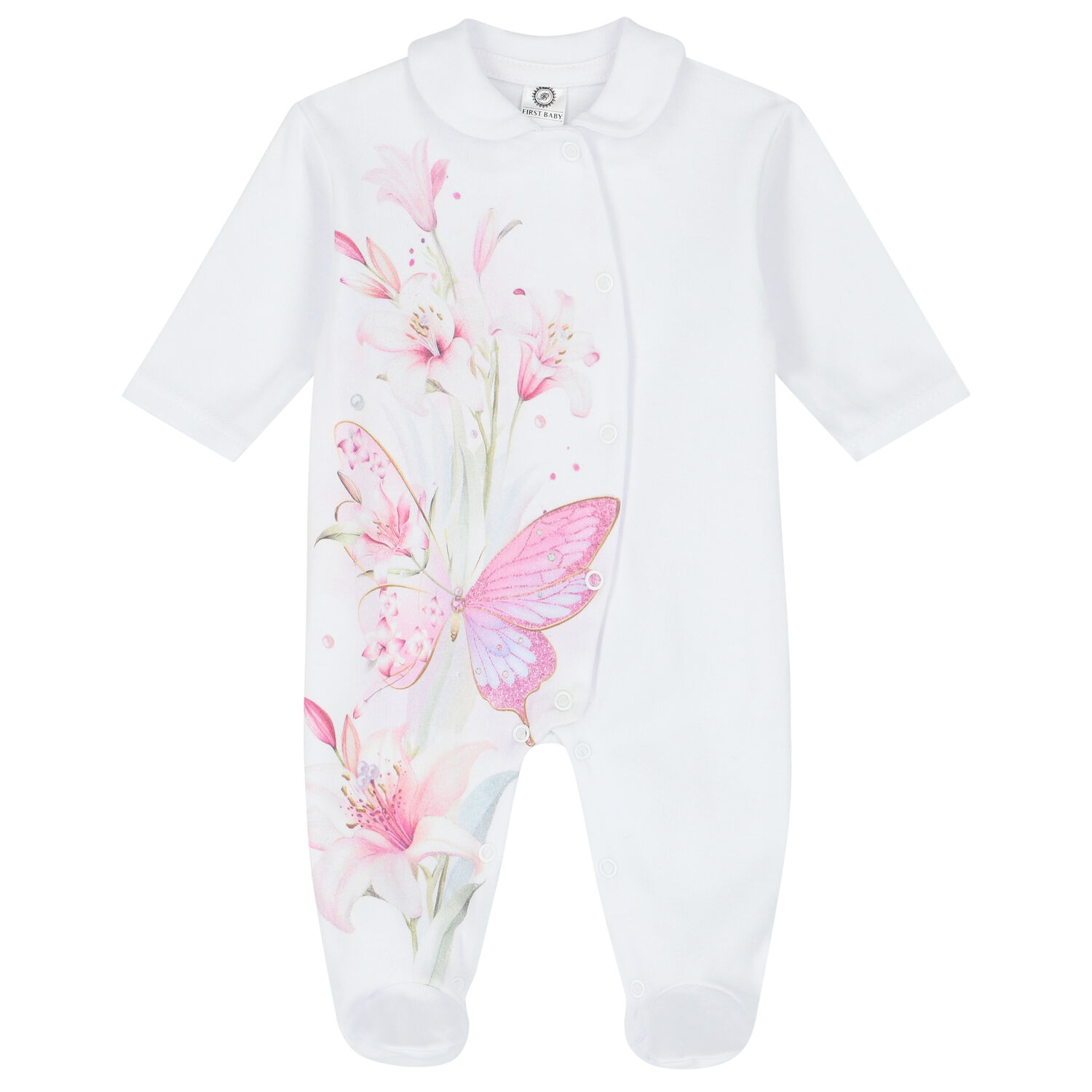 Baby Girls White & Pink Floral & Butterfly Babygrow, 1, hi-res image number null